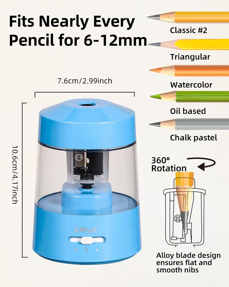 Zmol Electric Pencil Sharpener Battery Operated Power Kids for Colored & Jumbo Pencils No.2/(6-12mm) - Safe & Easy Use Plug in Portable with (AC Adapter,USB, Battery) for Classroom/Office/Home Blue - Image 2